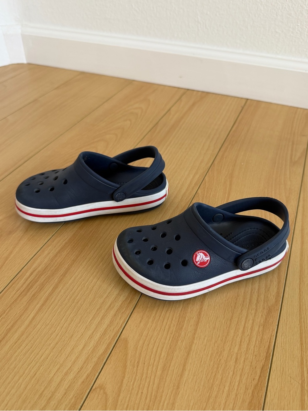 Crocs Kids Navy Blue Clogs with Red & White Stripe